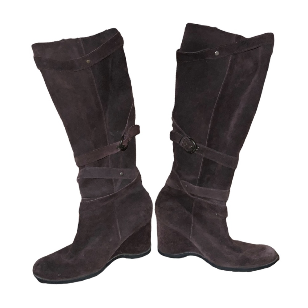 Vintage a.n.a. Dark Brown Leather Tall Wedge Heel Boots Sz 6